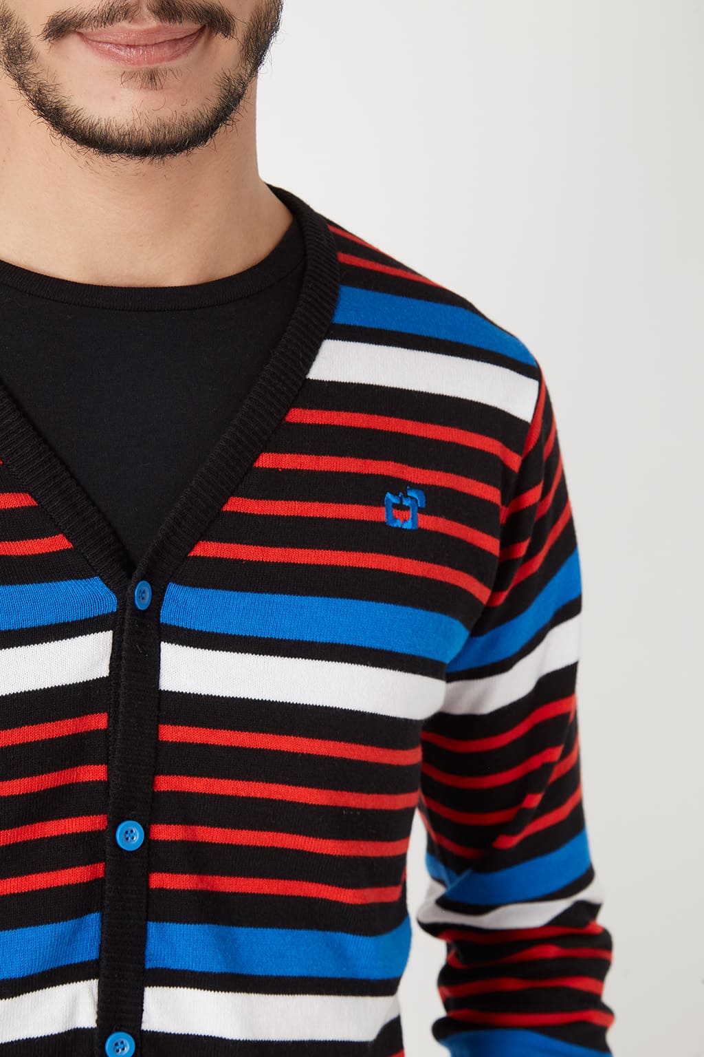 Cardigan mujer rayas multicolor sweater suéter punto cuello pico manga larga coderas contraste logo bordado tendencia cómodo talla L rojo azul blanco negro ✅Entrega 24/48h