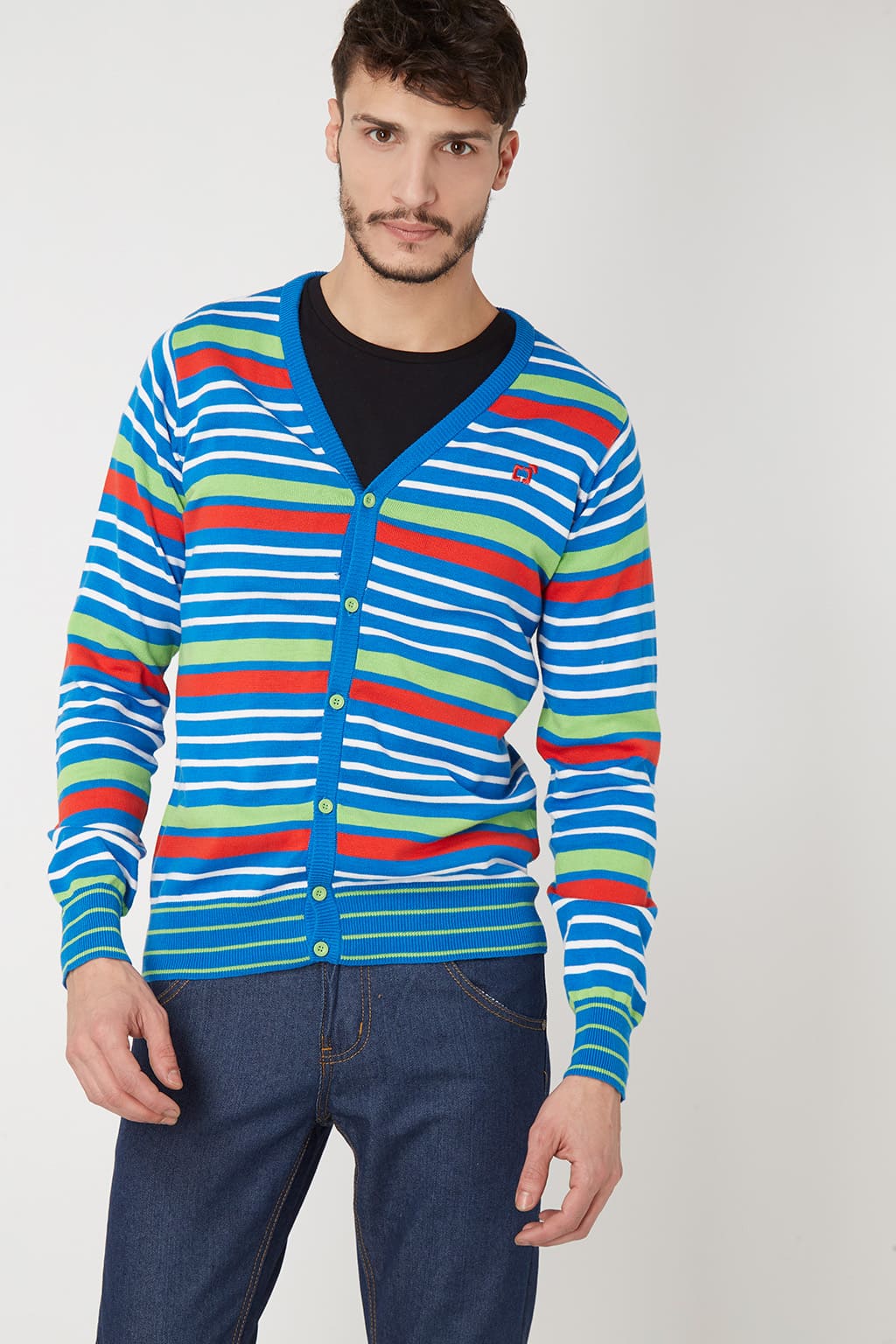 Cárdigan hombre, jersey punto, diseño rayas multicolor, algodón suave, cuello pico, manga larga, coderas contraste, logo bordado, ajuste cómodo, talla L, ideal diario casual, entrega rápida ✅Entrega 24/48h