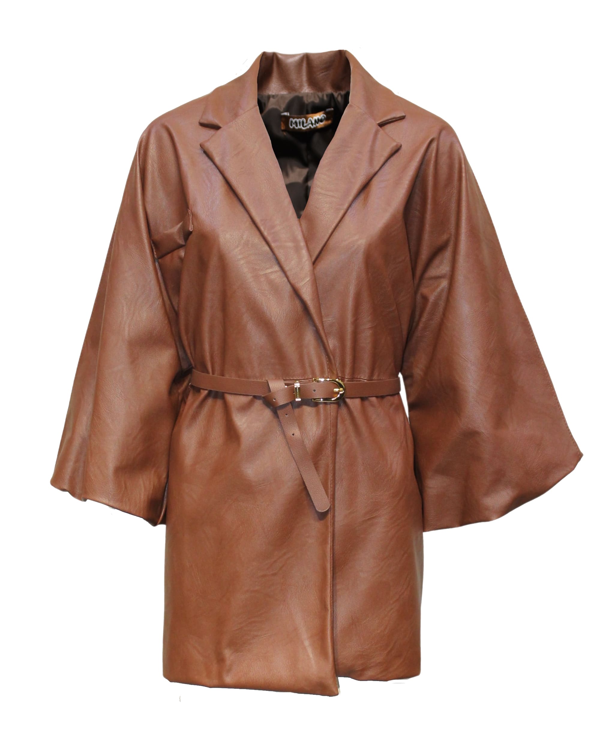 Blazer mujer largo sintético, chaqueta efecto cuero, cinturón ajustable, silueta estilizada, manga larga, ideal casual urbano oficina, color marrón, talla S, sofisticada y versátil. ✅Entrega 24/48h