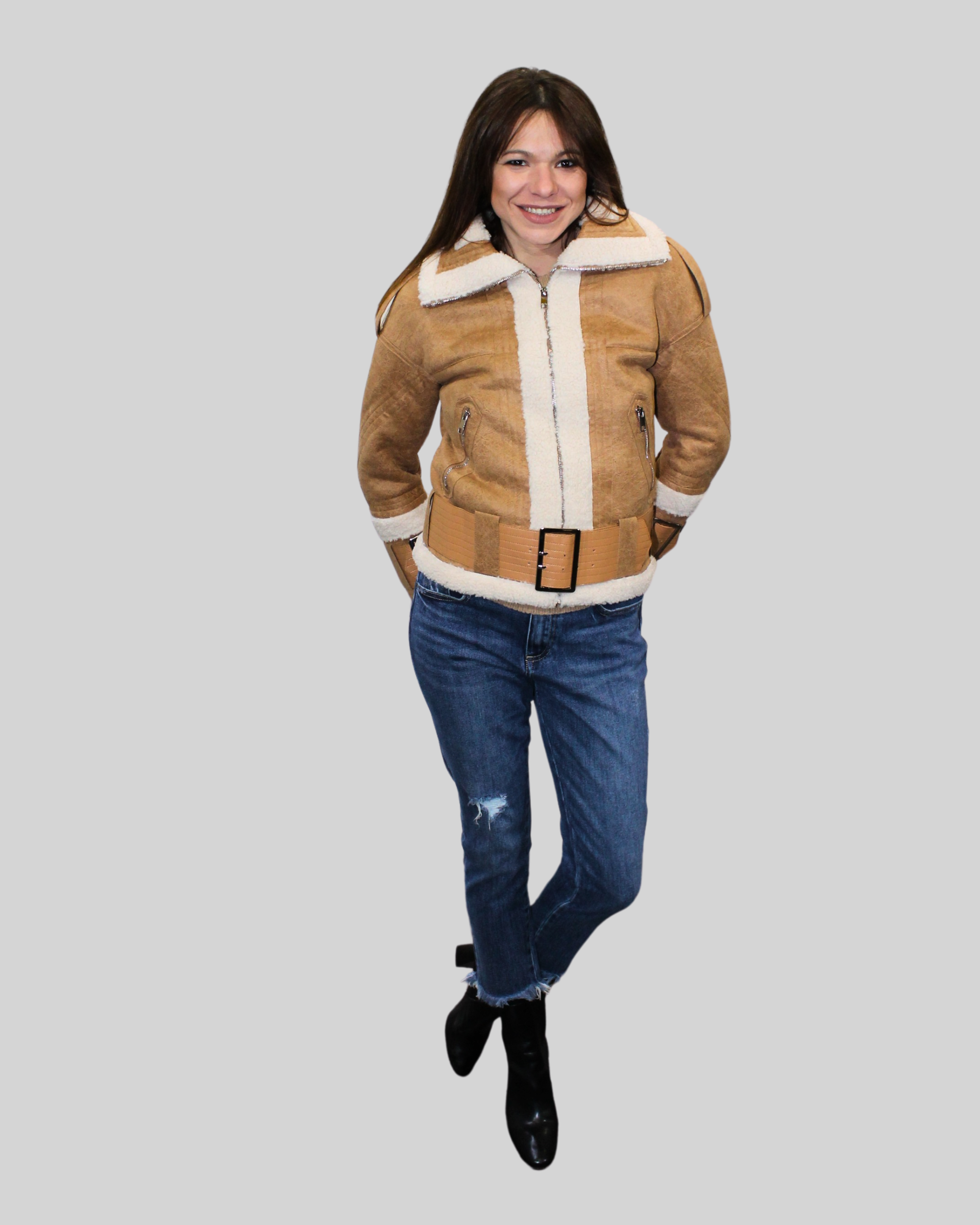 Chaqueta aviadora mujer, cazadora borrego, cinturón hebilla, material aterciopelado, corte entallado, estilo urbano casual, color camel, talla S, ideal días fríos, cómoda, moderna, versátil ✅Entrega 24/48h