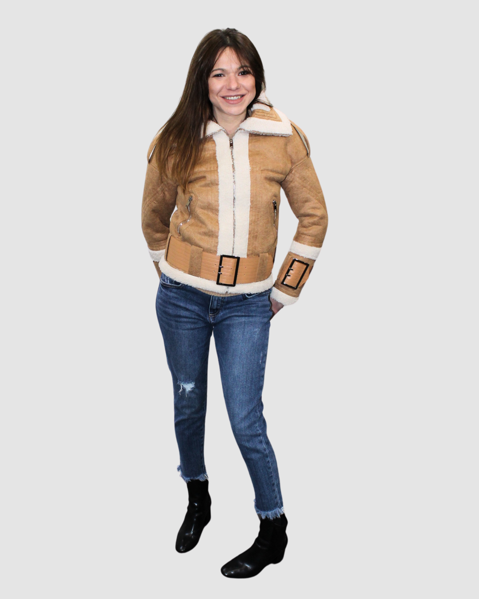Chaqueta aviadora mujer, cazadora borrego, cinturón hebilla, material aterciopelado, corte entallado, estilo urbano casual, color camel, talla S, ideal días fríos, cómoda, moderna, versátil ✅Entrega 24/48h