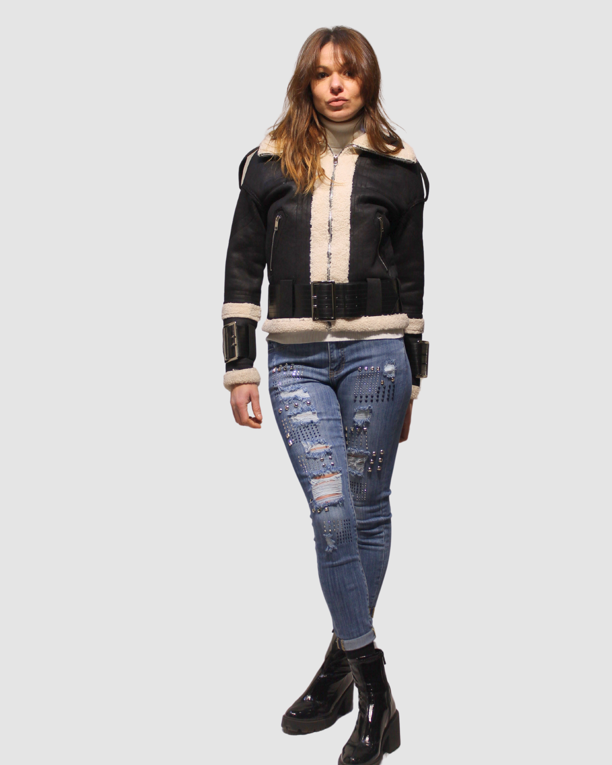 Chaqueta aviador mujer, cazadora biker borrego sintético, cinturón hebillas, corte recto estilo urbano, metálicos, interior cálido, exterior negro, talla S, look casual invierno, fácil combinar ✅Entrega 24/48h