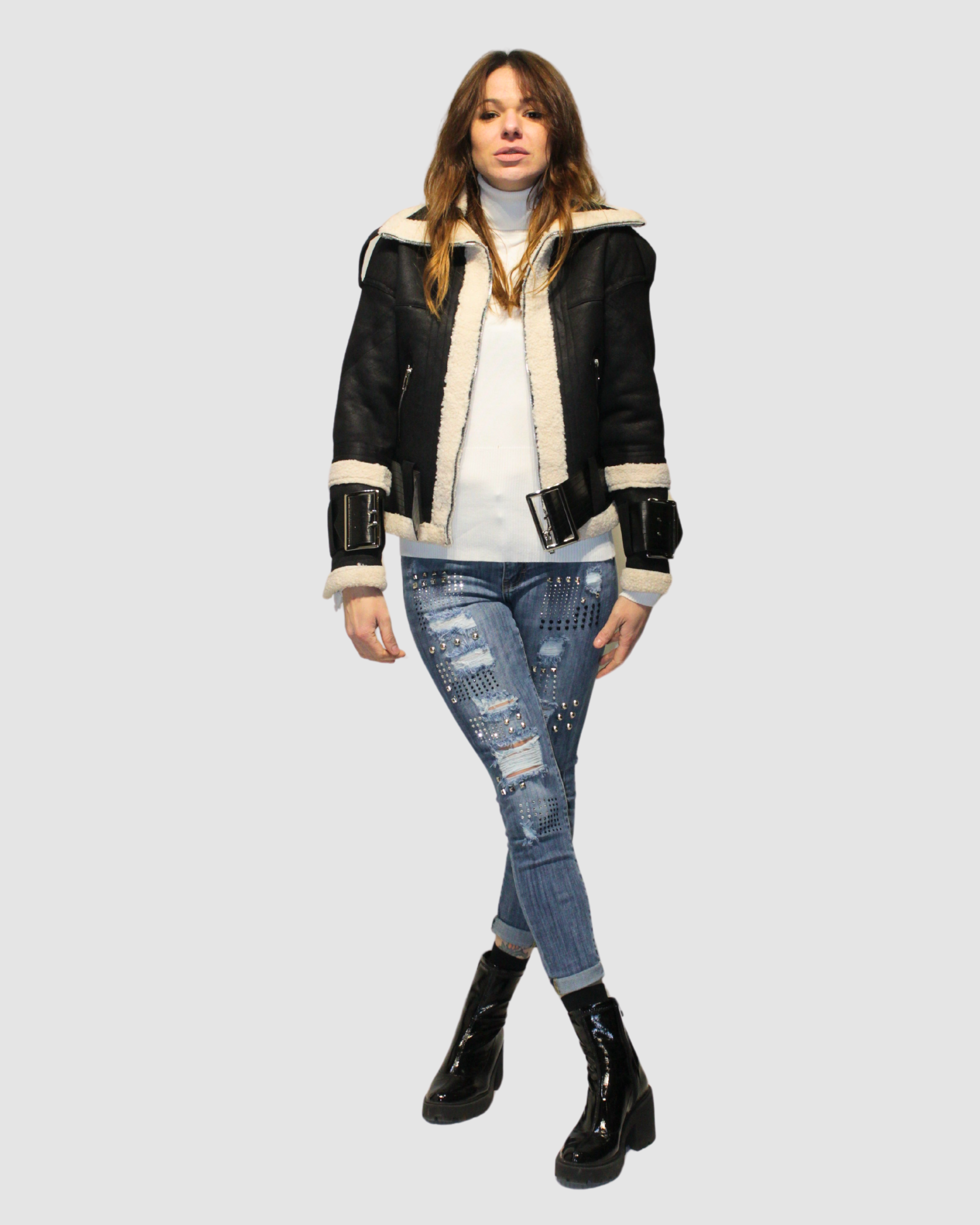 Chaqueta aviador mujer, cazadora biker borrego sintético, cinturón hebillas, corte recto estilo urbano, metálicos, interior cálido, exterior negro, talla S, look casual invierno, fácil combinar ✅Entrega 24/48h