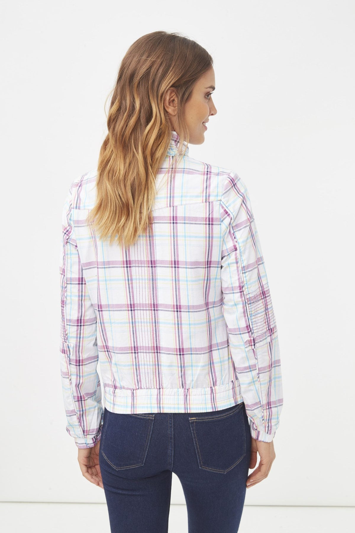 Chaqueta ligera mujer, jacket, diseño cuadros pastel, algodón, cuello alto elástico, casual, urbana, fácil de combinar, moderna, color blanco multicolor, talla L, versátil, ligera, cómoda ✅Entrega 24/48h