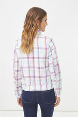 Chaqueta ligera mujer, jacket, diseño cuadros pastel, algodón, cuello alto elástico, casual, urbana, fácil de combinar, moderna, color blanco multicolor, talla L, versátil, ligera, cómoda ✅Entrega 24/48h