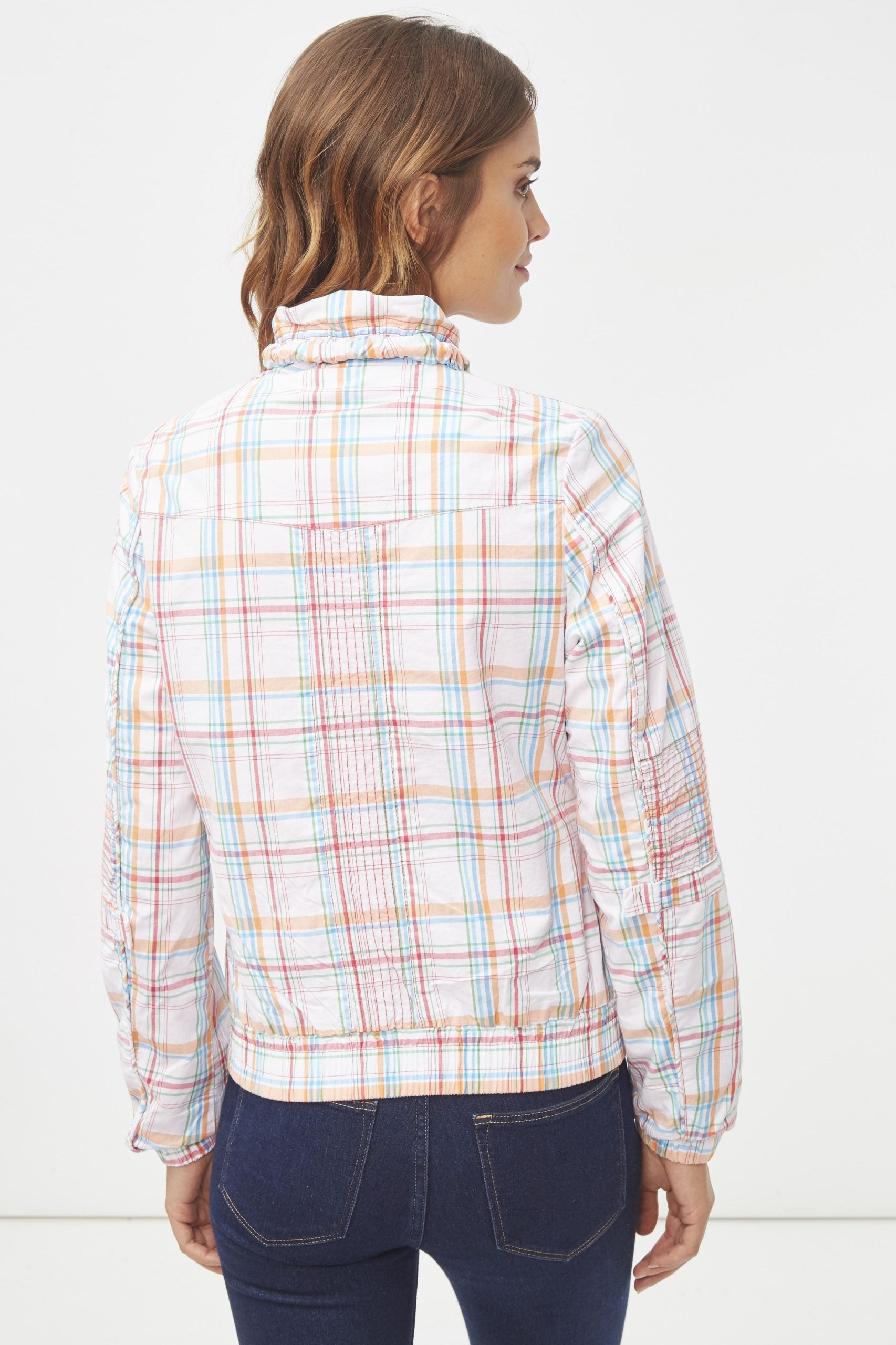 Chaqueta mujer casual cuadros multicolor ligera cierre cremallera estilo moderno urbana versátil manga larga cómoda color blanco talla L suave tacto look fresco ✅Entrega 24/48h