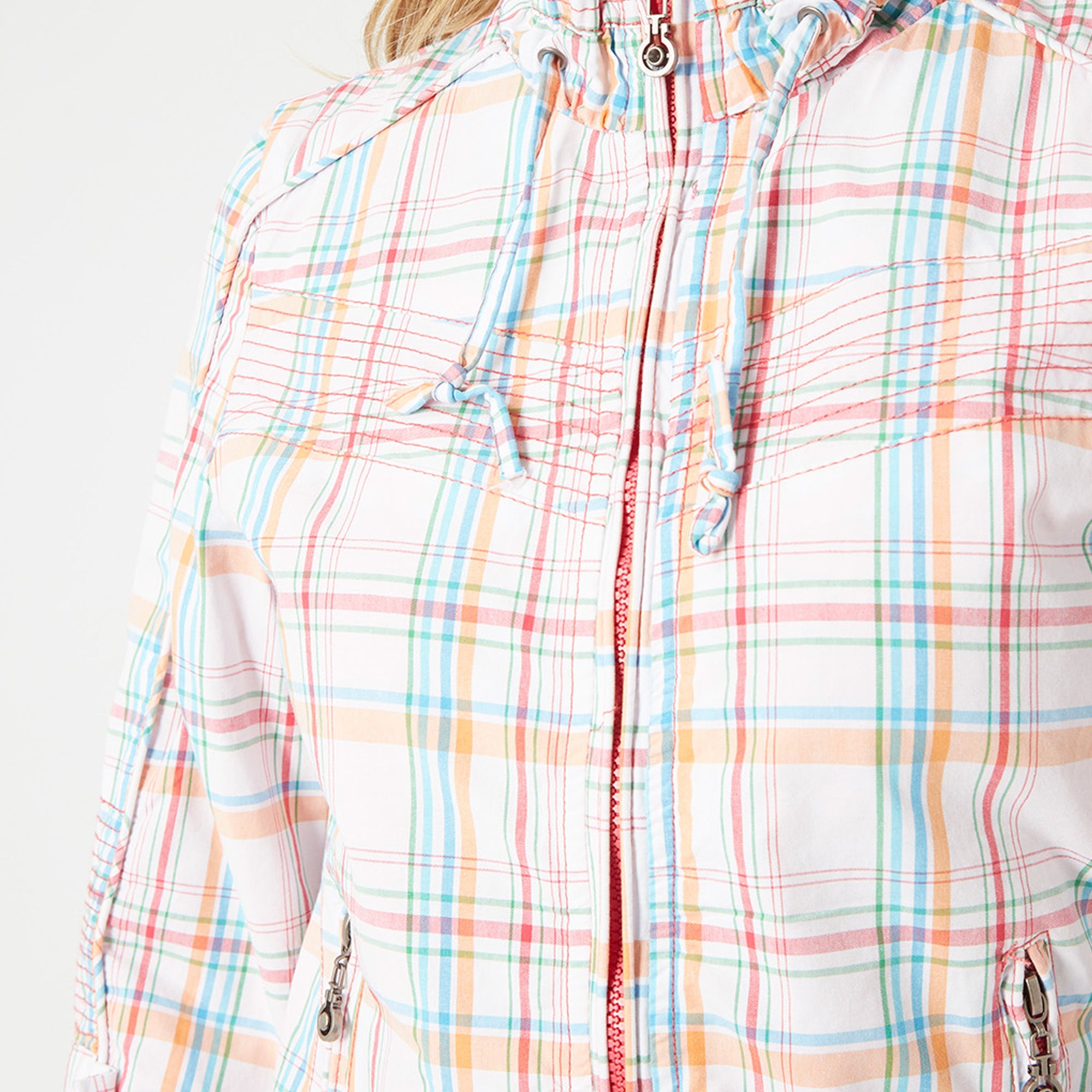 Chaqueta mujer casual cuadros multicolor ligera cierre cremallera estilo moderno urbana versátil manga larga cómoda color blanco talla L suave tacto look fresco ✅Entrega 24/48h