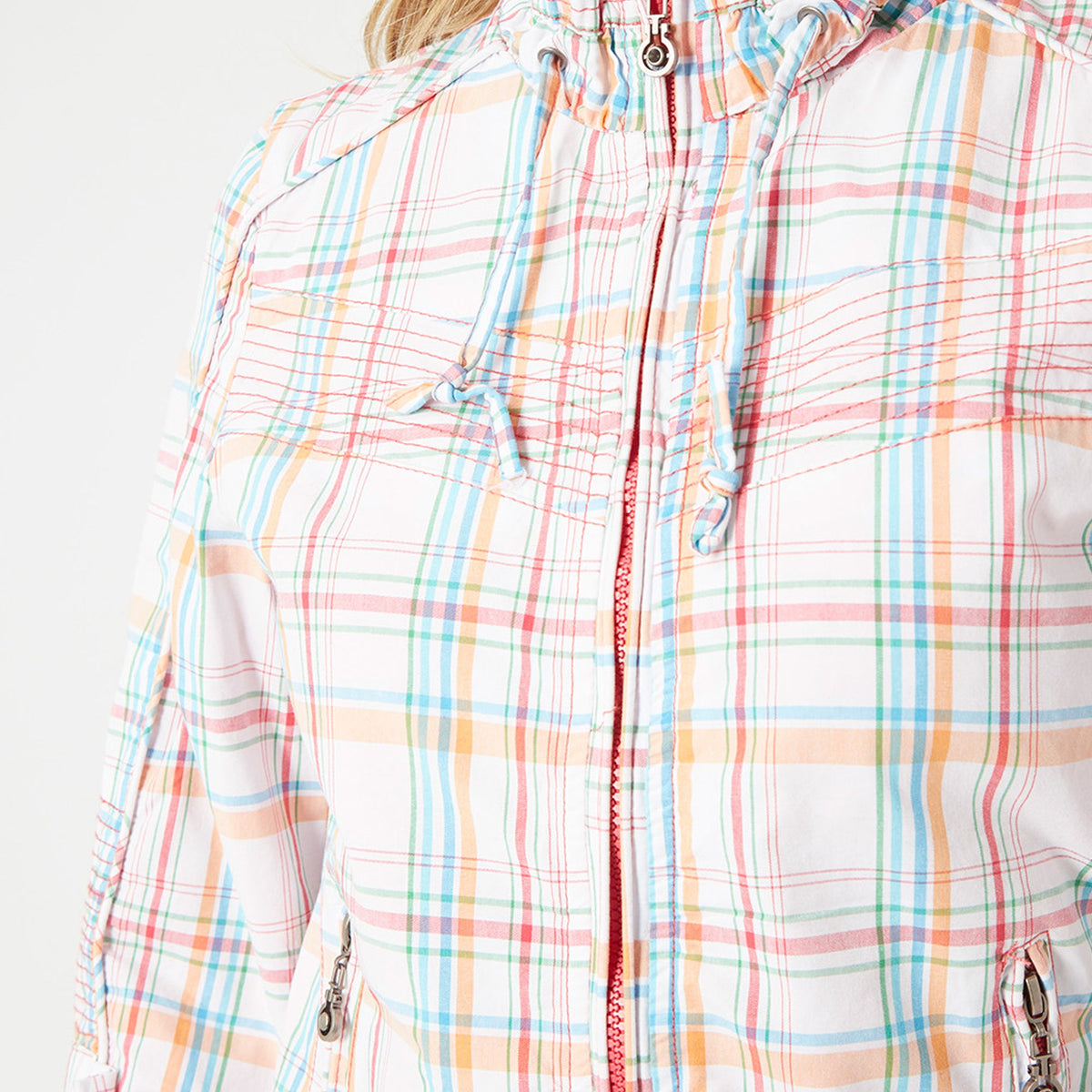Chaqueta mujer casual cuadros multicolor ligera cierre cremallera estilo moderno urbana versátil manga larga cómoda color blanco talla L suave tacto look fresco ✅Entrega 24/48h