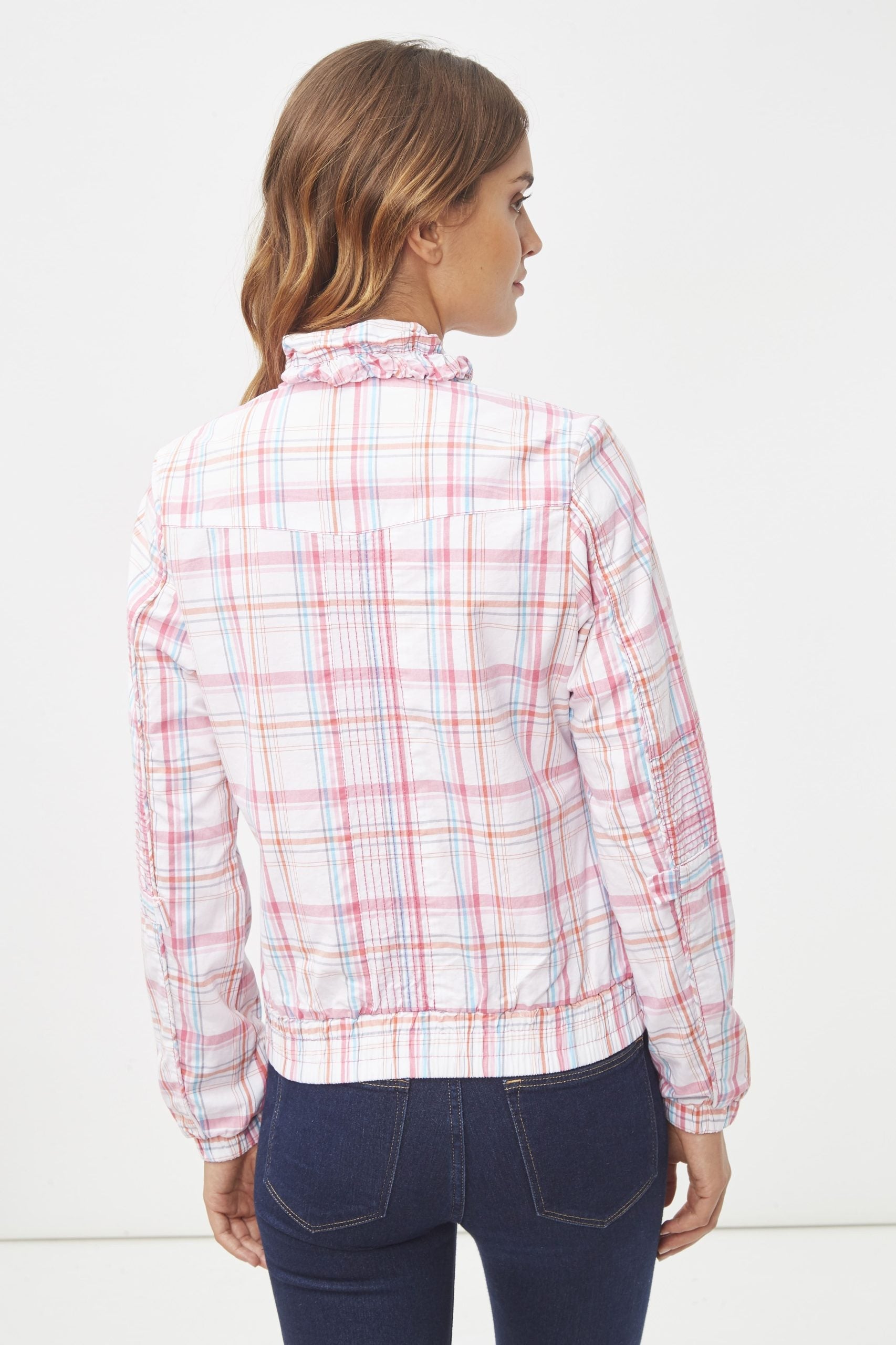 Chaqueta ligera mujer cuadros, jacket algodón manga larga cuello fruncido volantes estilo casual colores rosa y pastel, cierre frontal, talla L, fresca y versátil para outfits diarios ✅Entrega 24/48h
