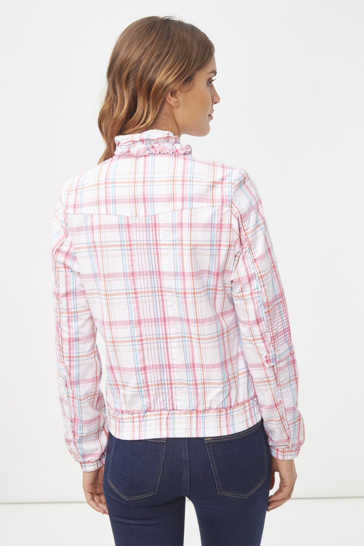Chaqueta ligera mujer cuadros, jacket algodón manga larga cuello fruncido volantes estilo casual colores rosa y pastel, cierre frontal, talla L, fresca y versátil para outfits diarios ✅Entrega 24/48h