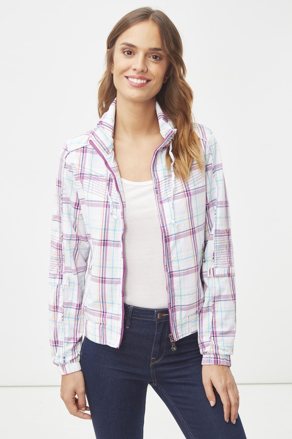 Chaqueta ligera mujer, jacket, diseño cuadros pastel, algodón, cuello alto elástico, casual, urbana, fácil de combinar, moderna, color blanco multicolor, talla L, versátil, ligera, cómoda ✅Entrega 24/48h