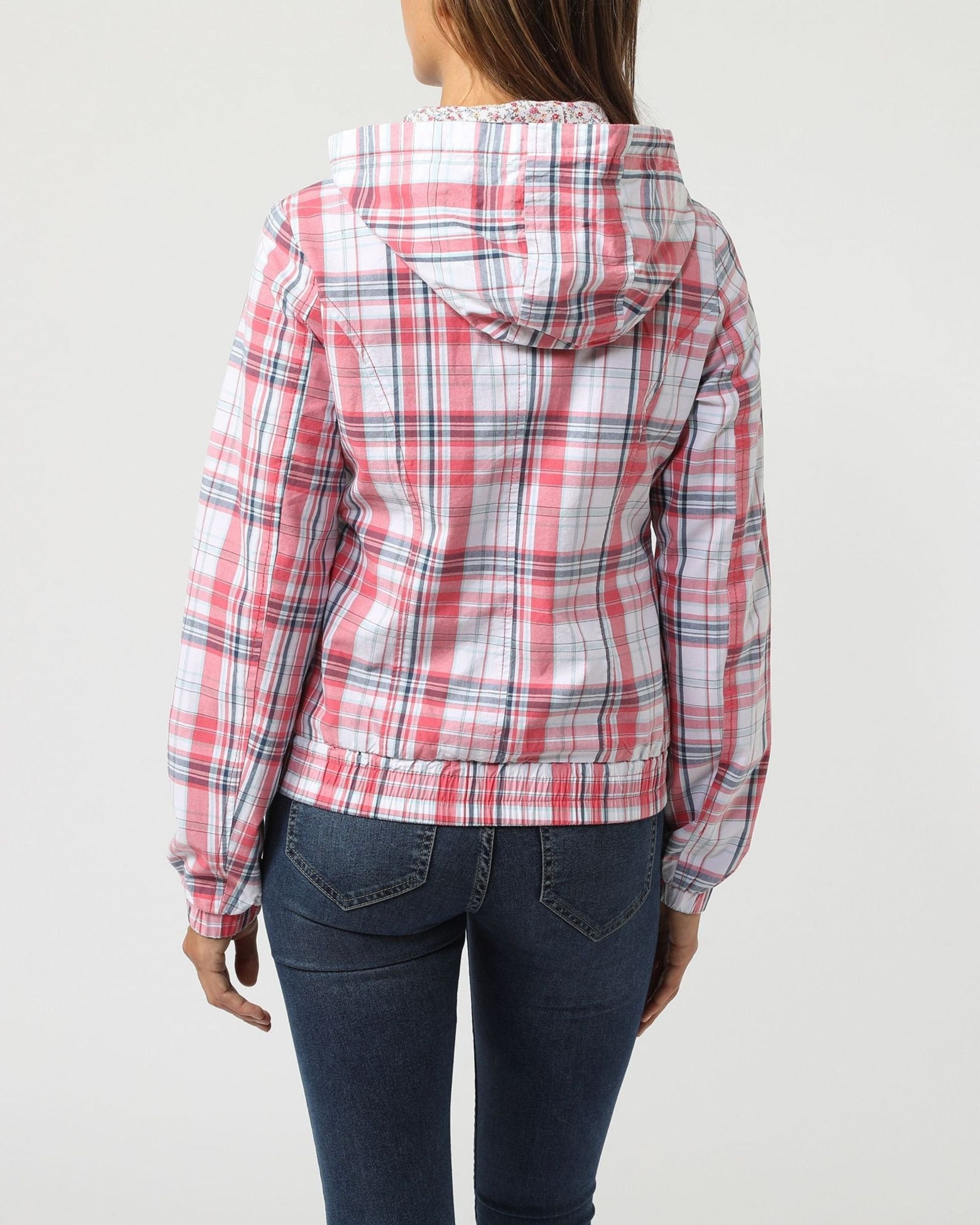Cazadora mujer, chaqueta casual cuadros, manga larga, capucha extraíble, cuello alto cremallera, bolsillos delanteros, diseño moderno, tejido ligero, cómoda, talla L, color rojo blanco ✅Entrega 24/48h