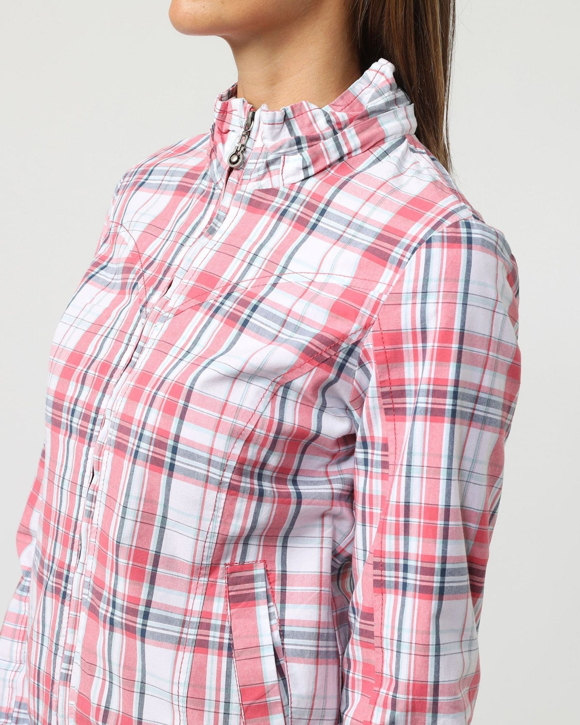 Cazadora mujer, chaqueta casual cuadros, manga larga, capucha extraíble, cuello alto cremallera, bolsillos delanteros, diseño moderno, tejido ligero, cómoda, talla L, color rojo blanco ✅Entrega 24/48h