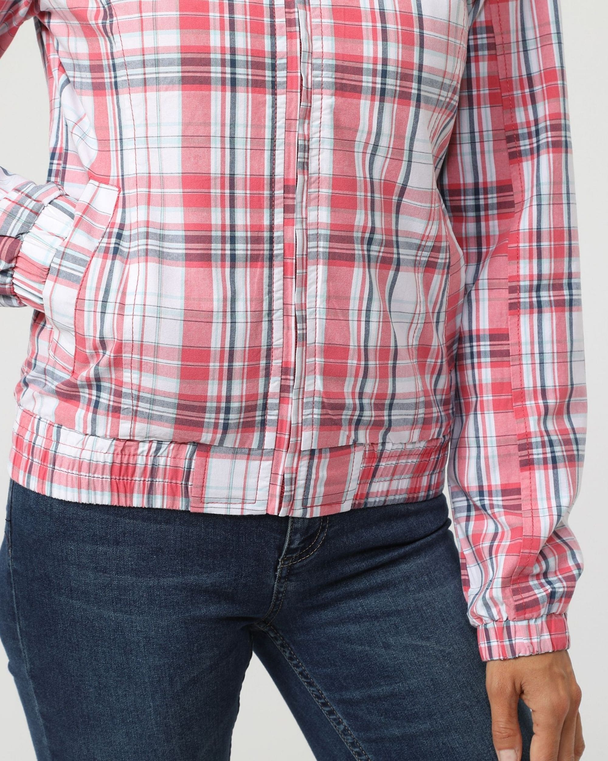 Cazadora mujer, chaqueta casual cuadros, manga larga, capucha extraíble, cuello alto cremallera, bolsillos delanteros, diseño moderno, tejido ligero, cómoda, talla L, color rojo blanco ✅Entrega 24/48h