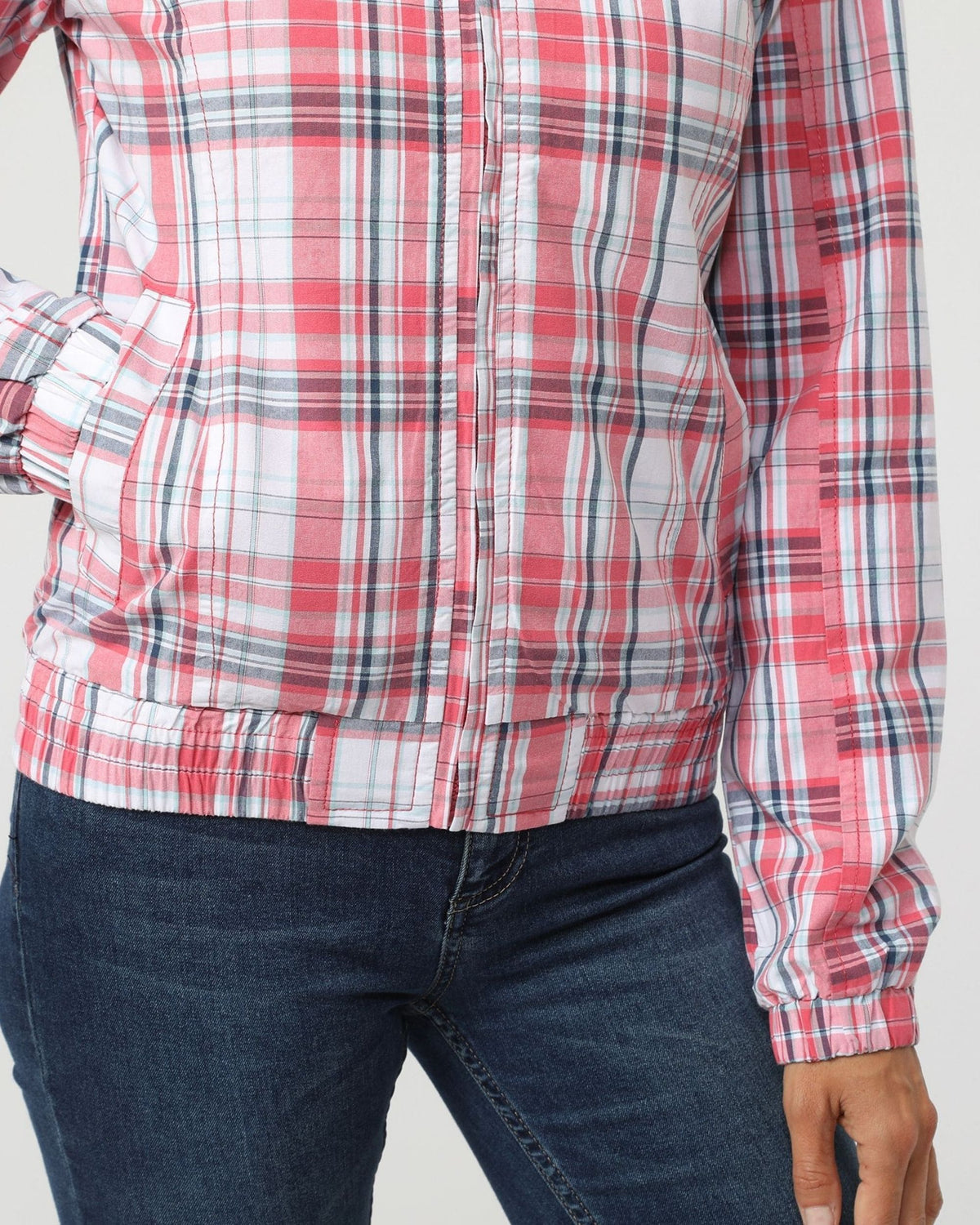 Cazadora mujer, chaqueta casual cuadros, manga larga, capucha extraíble, cuello alto cremallera, bolsillos delanteros, diseño moderno, tejido ligero, cómoda, talla L, color rojo blanco ✅Entrega 24/48h