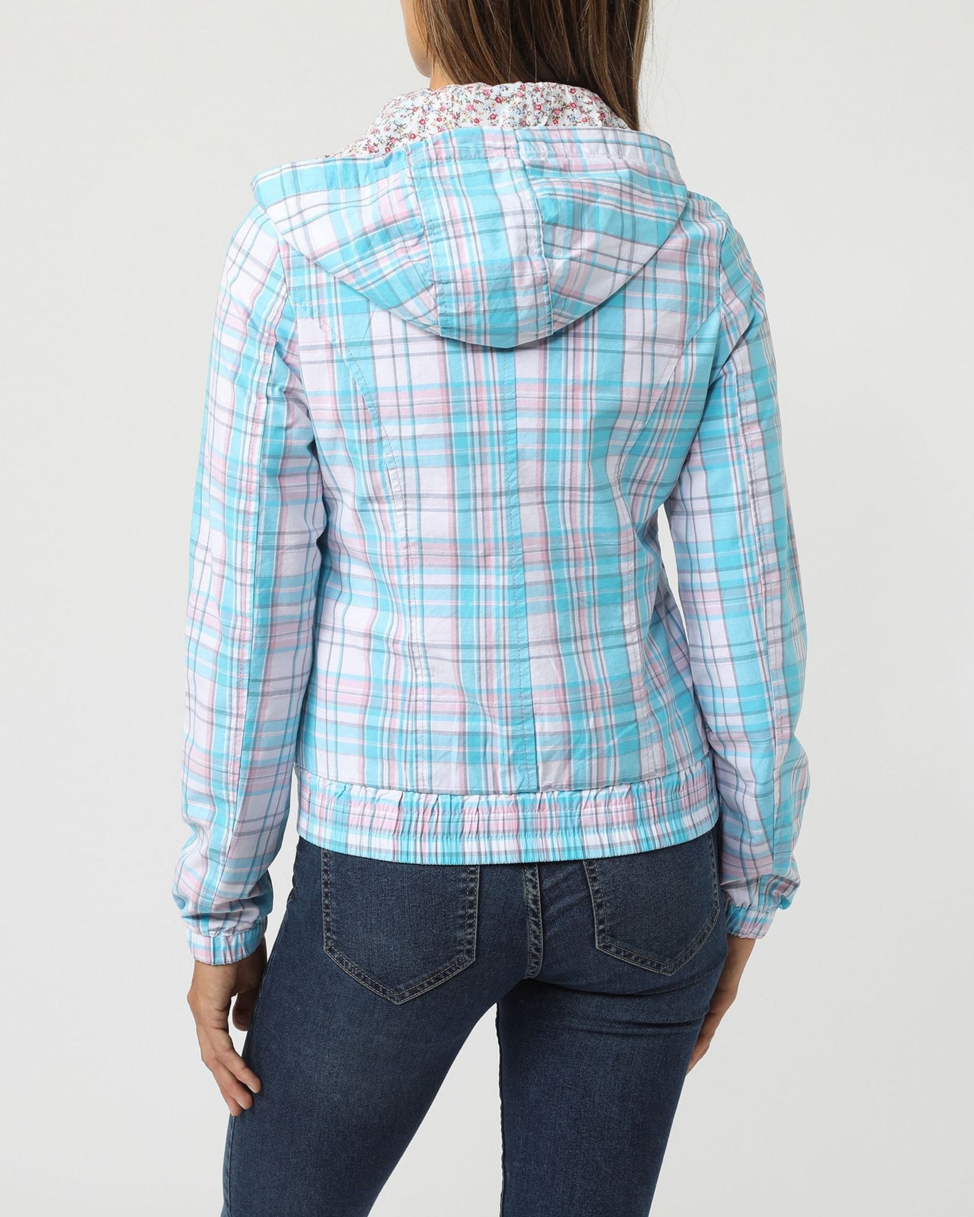 Chaqueta ligera mujer cuadros Hoodie casual urbana, estampado celeste rosa, capucha ajustable, estilo desenfadado, cierre frontal, tela transpirable, disponible talla L, cómoda moderna ✅Entrega 24/48h