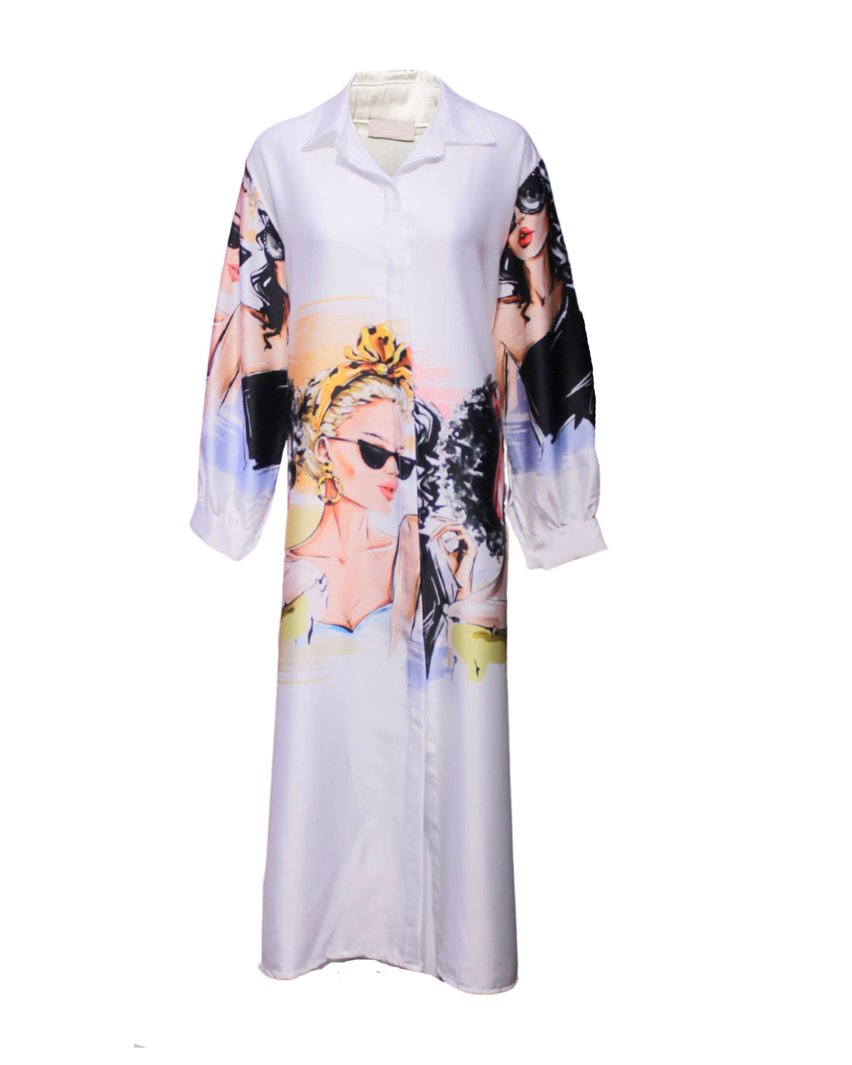 Vestido camisero largo, vestido shirt dress, diseño ilustrado mujer fashion, tela ligera, manga larga, cuello camisero, blanco, talla S, original, cómodo, versátil, outfit urbano, cierre botones ✅Entrega 24/48h