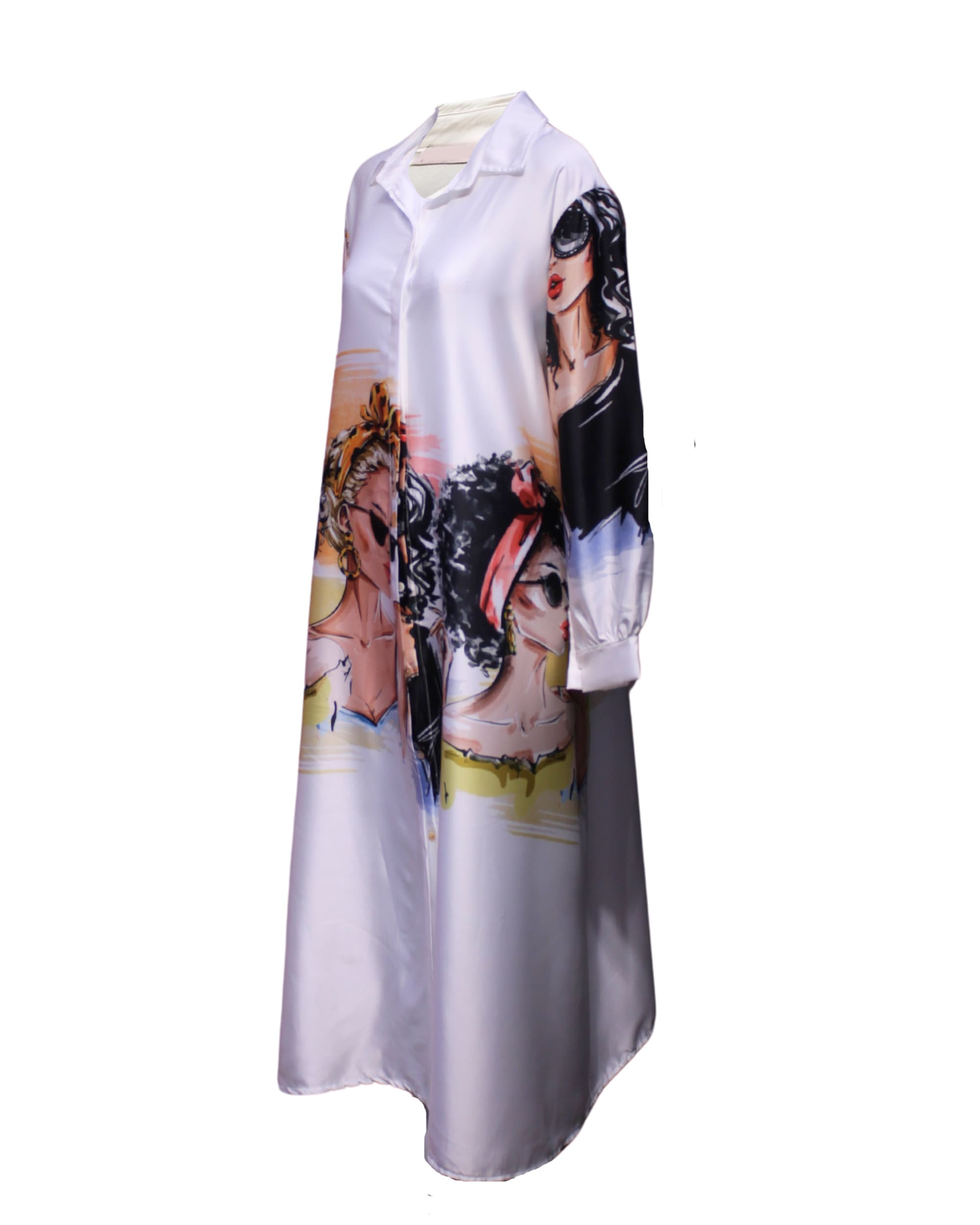Vestido camisero largo, vestido shirt dress, diseño ilustrado mujer fashion, tela ligera, manga larga, cuello camisero, blanco, talla S, original, cómodo, versátil, outfit urbano, cierre botones ✅Entrega 24/48h