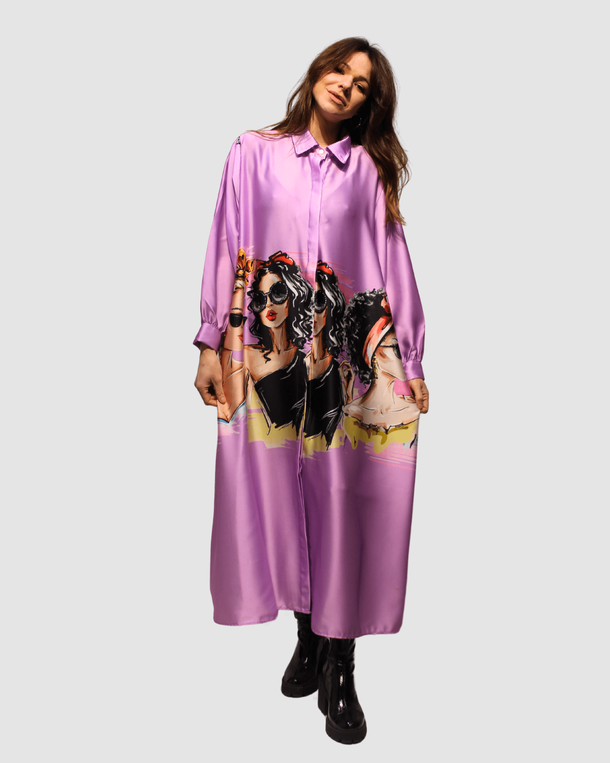 Vestido largo camisero satinado, dress mujer ilustración artística, diseño urbano elegante, corte recto, tela suave fluida, manga larga, color lila, talla S, look versátil y cómodo ✅Entrega 24/48h