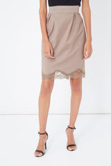 Falda recta mujer, skirt, outfit Tanna 3149, cintura elástica, encaje elegante en el bajo, cierre cremallera trasero, cómoda y versátil, marrón, talla 36, ideal primavera verano oficina o eventos ✅Entrega 24/48h