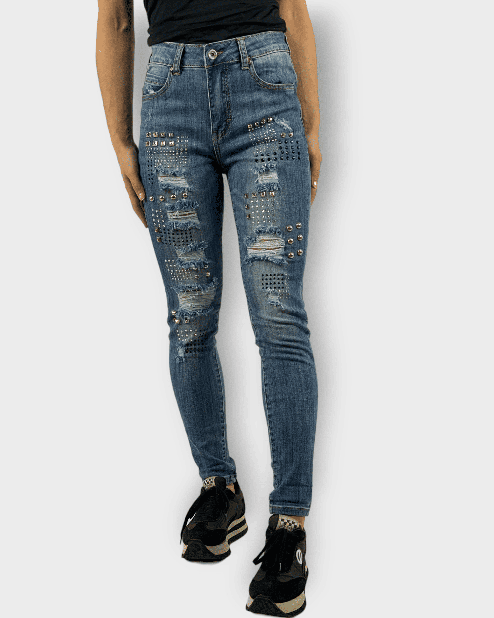 Jeans skinny mujer, pantalón denim azul desgastado, rotos y tachuelas, estilo urbano, ajustado, diseño moderno, casual, cómodo, disponible talla 34, ideal outfits diarios, versátil, tendencia 2024, ✅Entrega 24/48h