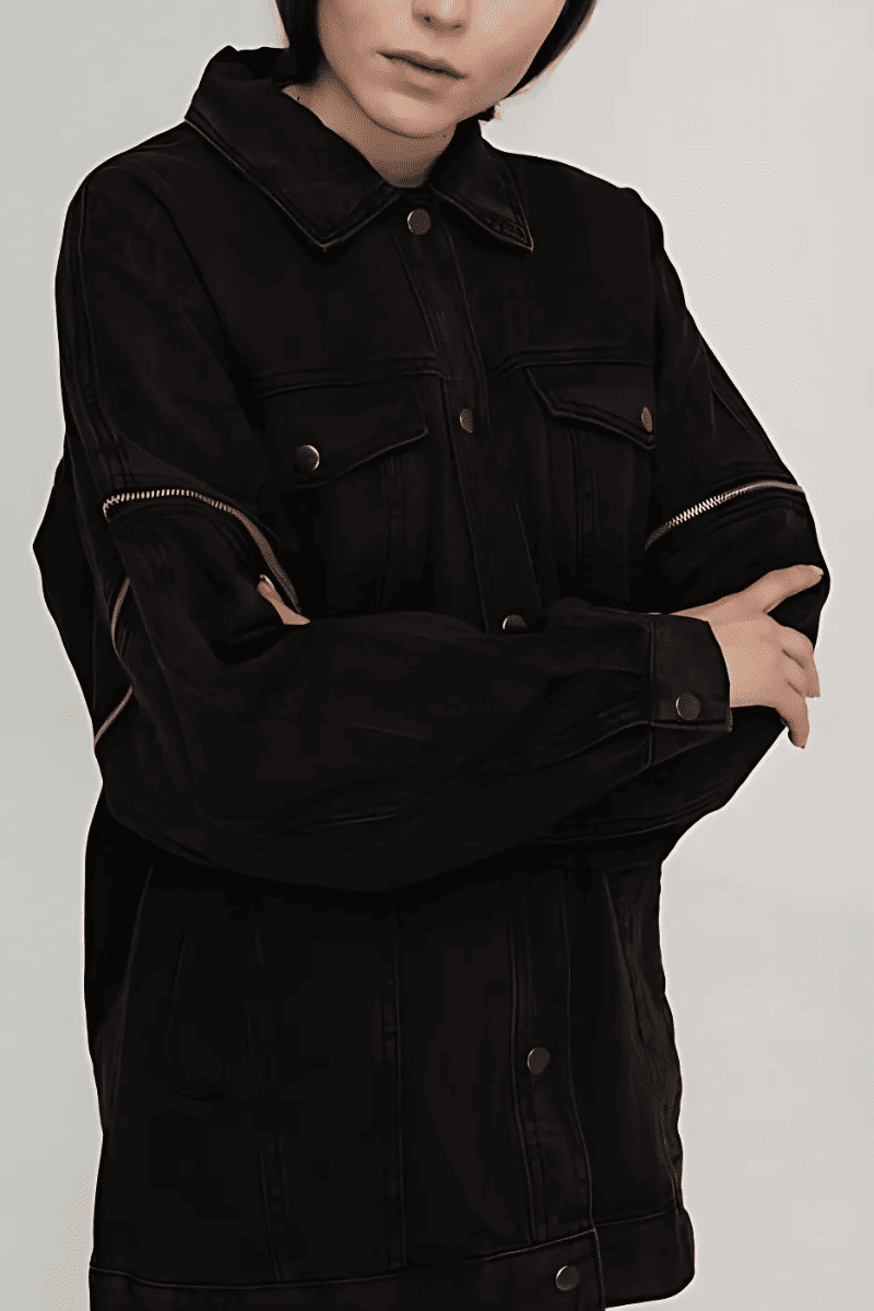 Chaqueta mezclilla mujer oversize denim jacket botones metálicos bolsillos laterales estilo urbano relajado tendencia moda casual color negro talla S cómoda versátil ideal looks modernos ✅Entrega 24/48h