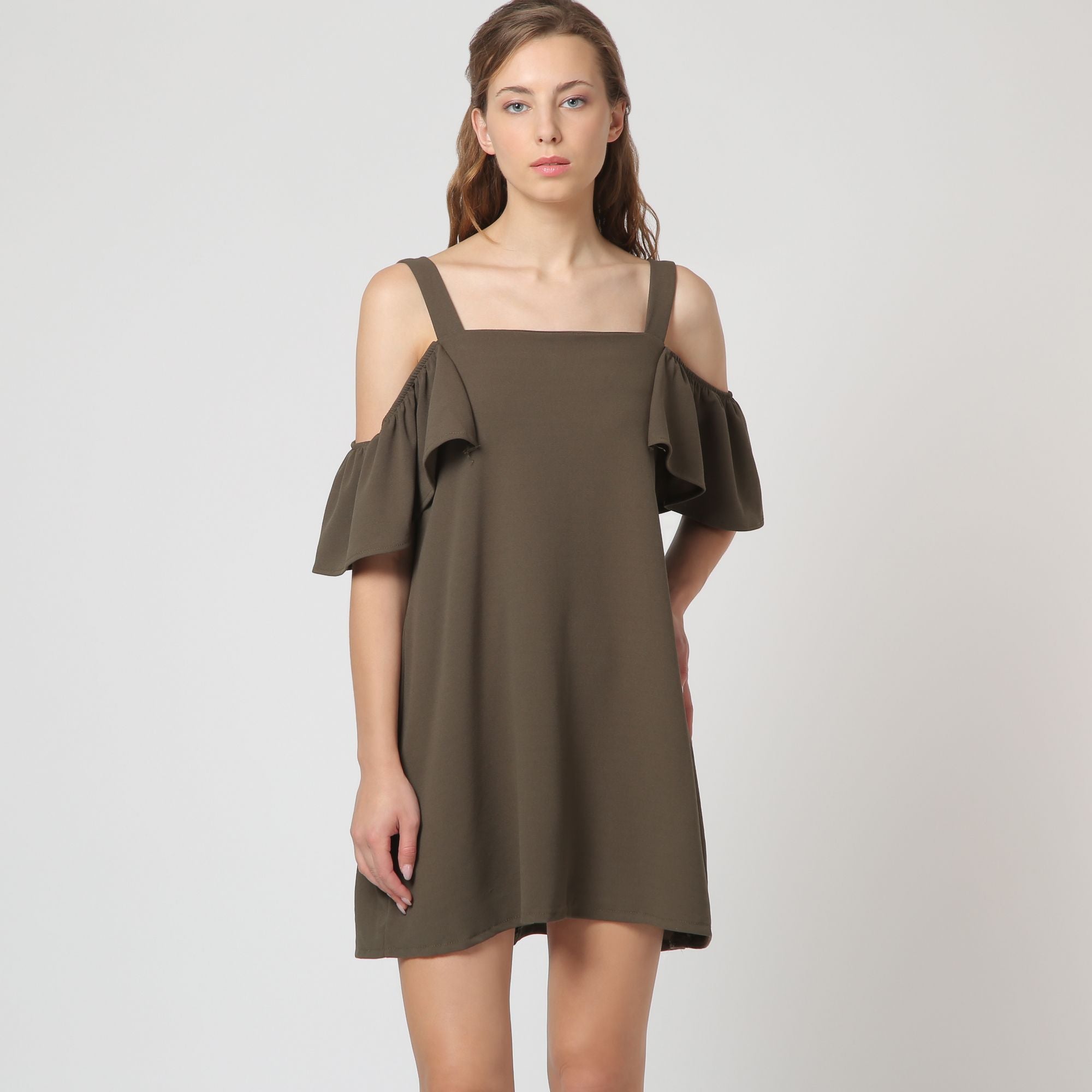 Vestido corto mujer dress tirantes hombro descubierto vuelo elástico modelo Sense 60537 tejido suave cómodo manga corta color verde talla L excelente opción casual elegante ✅Entrega 24/48h