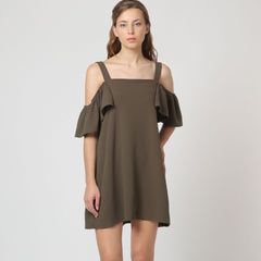 Vestido corto mujer dress tirantes hombro descubierto vuelo elástico modelo Sense 60537 tejido suave cómodo manga corta color verde talla L excelente opción casual elegante ✅Entrega 24/48h
