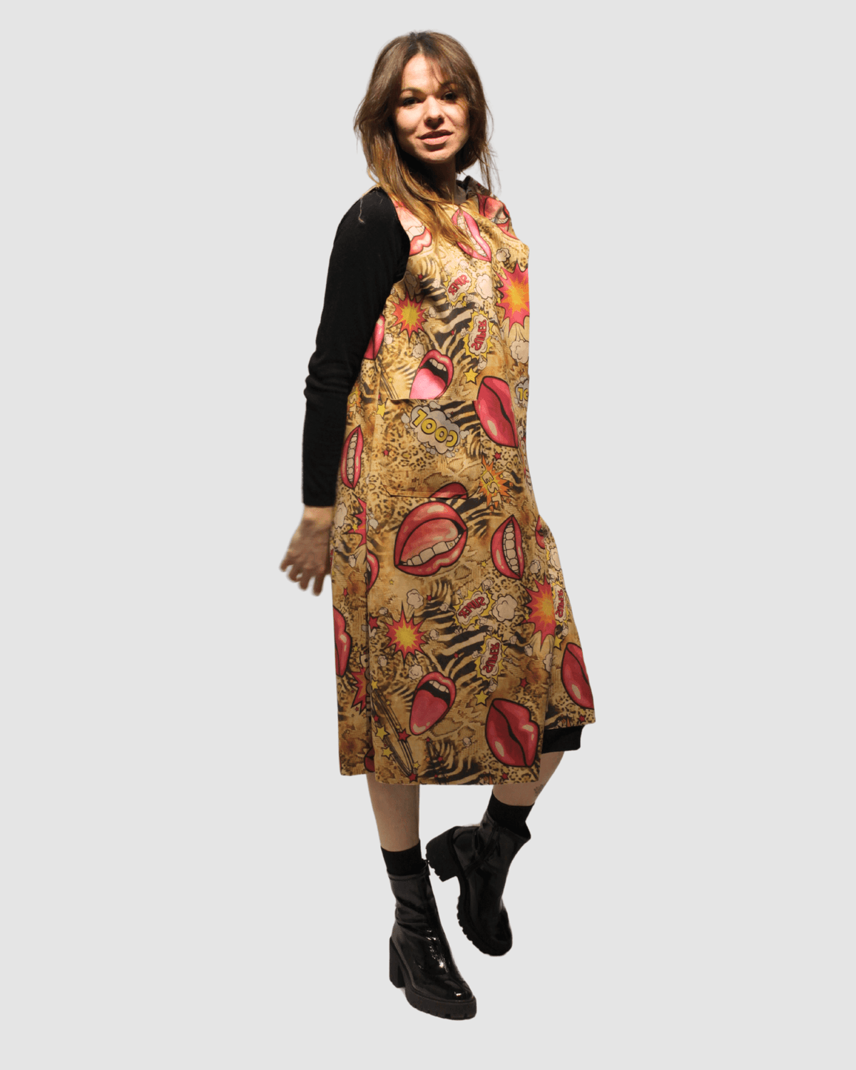 Vestido midi mujer, dress artístico labios sol, corte recto, tejido ligero, estilo casual chic, color beige estampado, talla S, fresco, cómodo, versátil, ideal fiestas reuniones, tendencia moda femenina ✅Entrega 24/48h
