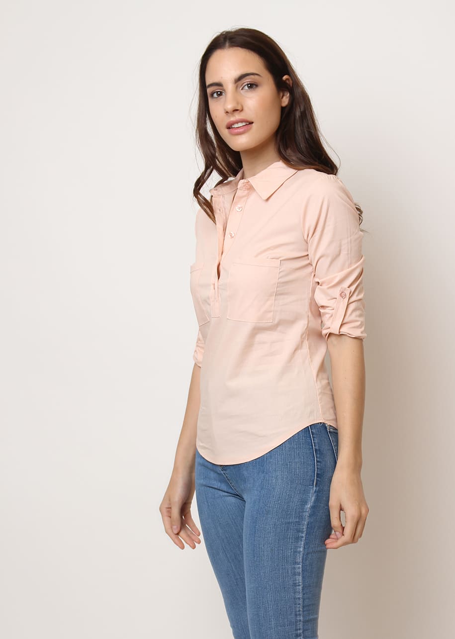 Blusa fluida mujer, camisa cuello camisero, manga larga ajustable, bolsillos frontales, cierre botones, estilo casual elegante, tejido viscosa suave, color rosa claro, talla S, versátil y cómoda ✅Entrega 24/48h