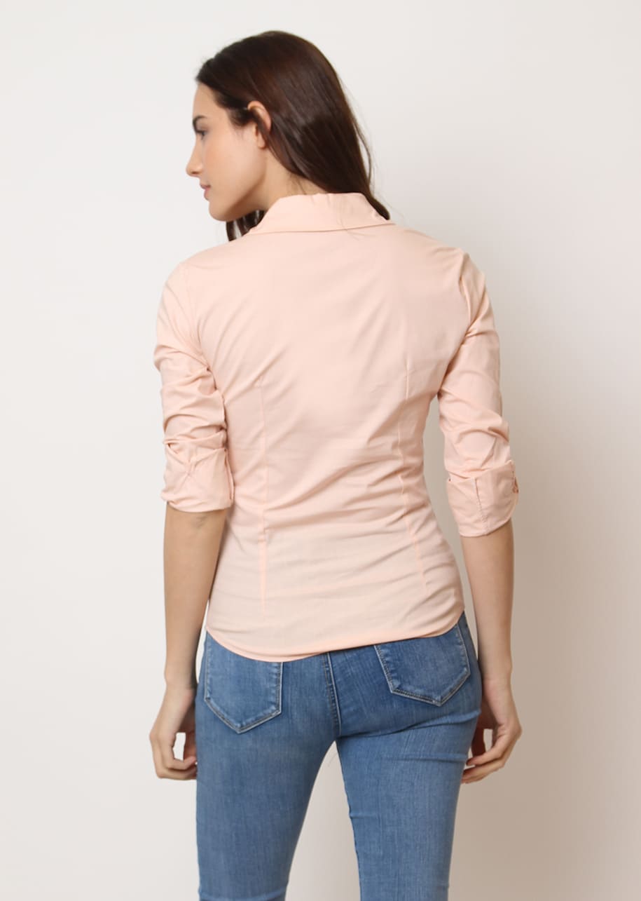 Blusa fluida mujer, camisa cuello camisero, manga larga ajustable, bolsillos frontales, cierre botones, estilo casual elegante, tejido viscosa suave, color rosa claro, talla S, versátil y cómoda ✅Entrega 24/48h