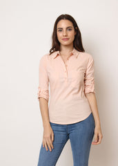 Blusa fluida mujer, camisa cuello camisero, manga larga ajustable, bolsillos frontales, cierre botones, estilo casual elegante, tejido viscosa suave, color rosa claro, talla S, versátil y cómoda ✅Entrega 24/48h