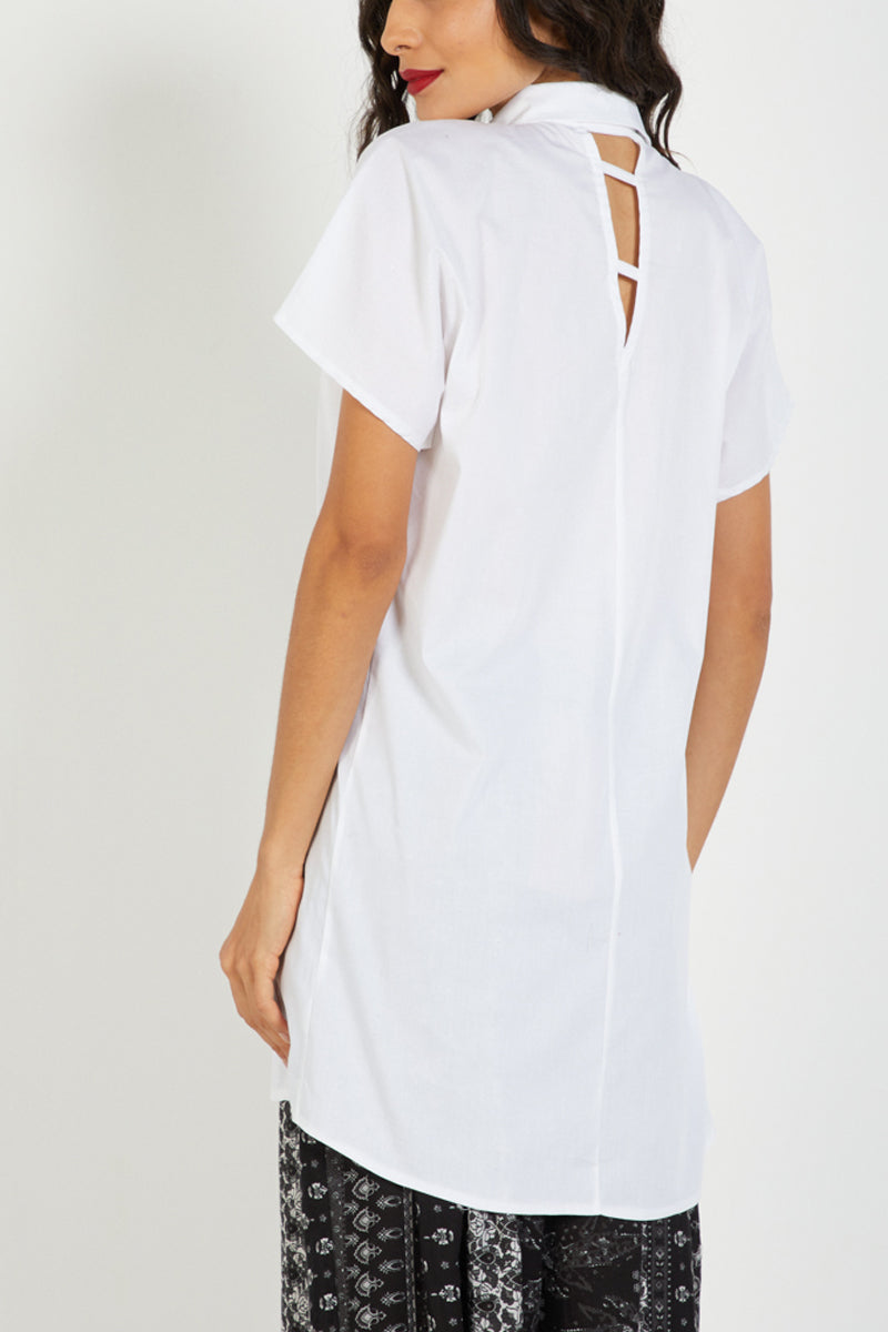 Camisa larga mujer, túnica, blusa clásica manga corta, algodón fresco, diseño urbano sofisticado, corte recto, color blanco, talla L, look versátil oficina o diario, fácil de combinar ✅Entrega 24/48h