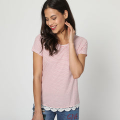 Camiseta mujer rayas, t-shirt, top casual, algodón, manga corta, cuello redondo, detalle encaje decorativo, color rosa, cómoda, fresca, talla 38 disponible. ✅Entrega 24/48h