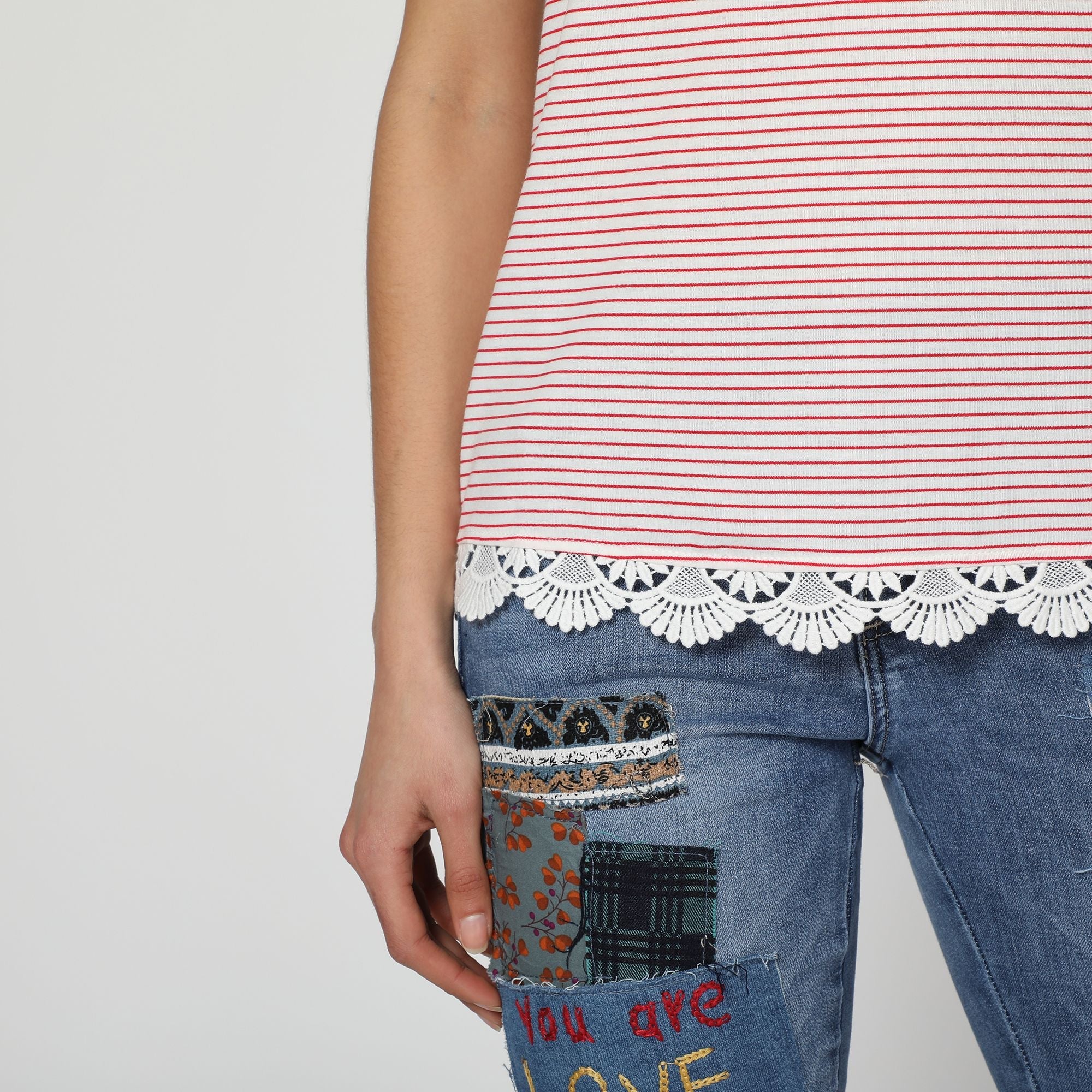 Camiseta mujer rayas, t-shirt, top casual, algodón, manga corta, cuello redondo, detalle encaje decorativo, color rosa, cómoda, fresca, talla 38 disponible. ✅Entrega 24/48h