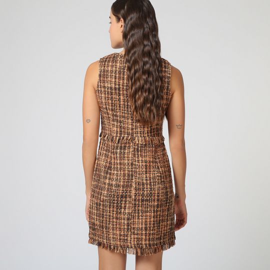 Vestido corto tweed sin mangas, dress elegante, modelo con flecos, look sofisticado oficina, textura suave, marrón, talla L, cómodo, versátil, urbano, moda 2024, envío rápido ✅Entrega 24/48h