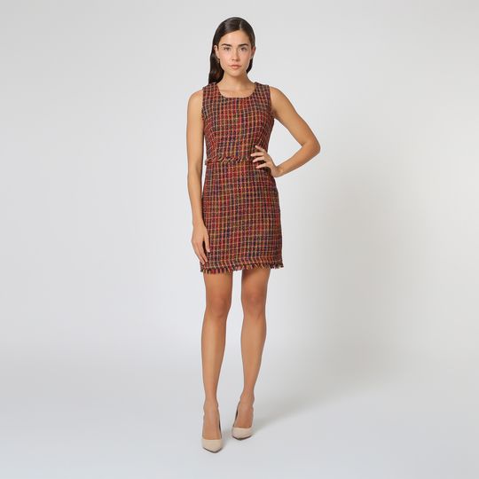 Vestido sin mangas tweed elegante mujer, dress multicolor textura suave corte recto, ideal oficina, urbano, cómodo sofisticado, tallas L, outfit chic tendencia otoño invierno ✅Entrega 24/48h
