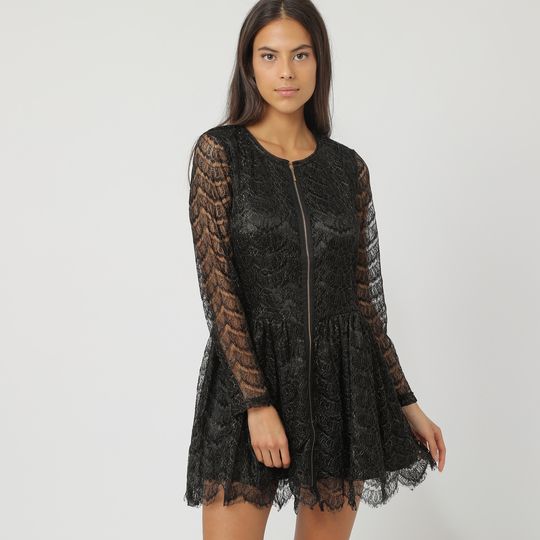 Vestido corto mujer dress outfit modelo Tanna 8514 encaje bordado hilo metalizado manga larga cuello redondo cierre frontal cremallera elegante talla L color negro versátil cómodo ✅Entrega 24/48h