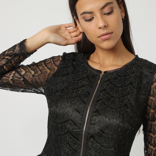 Vestido corto mujer dress outfit modelo Tanna 8514 encaje bordado hilo metalizado manga larga cuello redondo cierre frontal cremallera elegante talla L color negro versátil cómodo ✅Entrega 24/48h