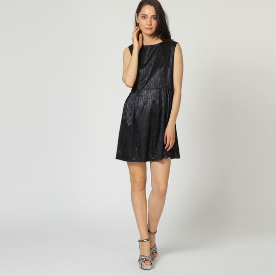 Vestido mujer corto elegante, dress textura evasé, encaje, tirantes, escote redondo, tejido cómodo y ligero, cierre cremallera trasera, color negro, talla L, ideal cóctel y eventos ✅Entrega 24/48h