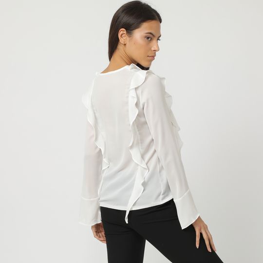 Blusa mujer elegante gasa volantes, blusa escote V, manga larga fluida, estilo sofisticado, color blanco, talla L, versátil oficina casual eventos, fácil de combinar ✅Entrega 24/48h