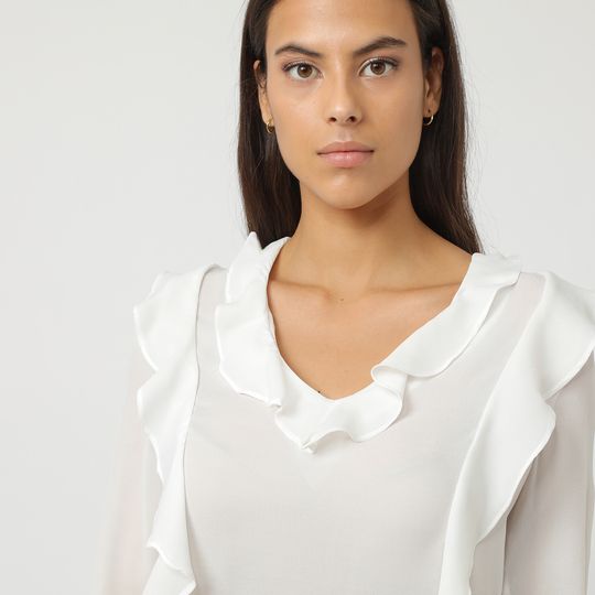 Blusa mujer elegante gasa volantes, blusa escote V, manga larga fluida, estilo sofisticado, color blanco, talla L, versátil oficina casual eventos, fácil de combinar ✅Entrega 24/48h