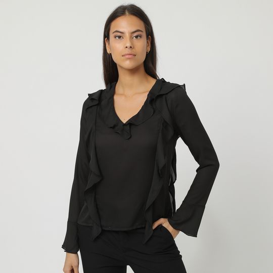 Blusa mujer elegante fluida, shirt, escote V, volantes, manga larga, gasa suave, corte regular, negra, talla L, look versátil oficina evento noche, ligera y sofisticada ✅Entrega 24/48h