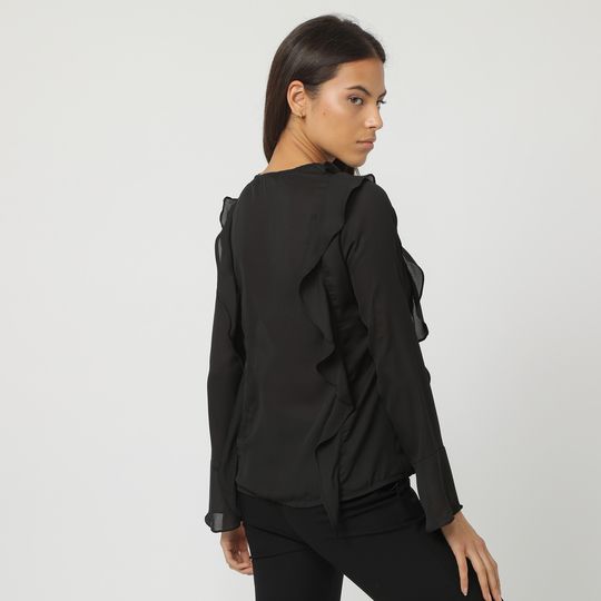 Blusa mujer elegante fluida, shirt, escote V, volantes, manga larga, gasa suave, corte regular, negra, talla L, look versátil oficina evento noche, ligera y sofisticada ✅Entrega 24/48h