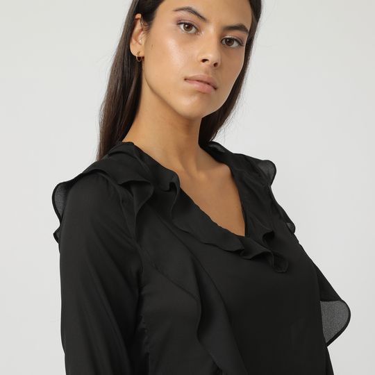 Blusa mujer elegante fluida, shirt, escote V, volantes, manga larga, gasa suave, corte regular, negra, talla L, look versátil oficina evento noche, ligera y sofisticada ✅Entrega 24/48h