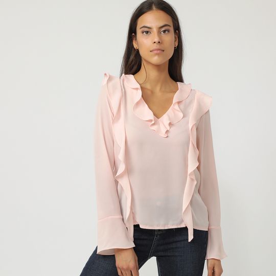 Blusa mujer gasa fluida volantes escote V manga larga elegante sofisticada office look rosa talla L transpirable ligera outfit versátil combinable ✅Entrega 24/48h