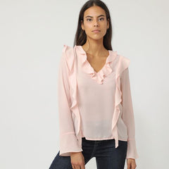 Blusa mujer gasa fluida volantes escote V manga larga elegante sofisticada office look rosa talla L transpirable ligera outfit versátil combinable ✅Entrega 24/48h