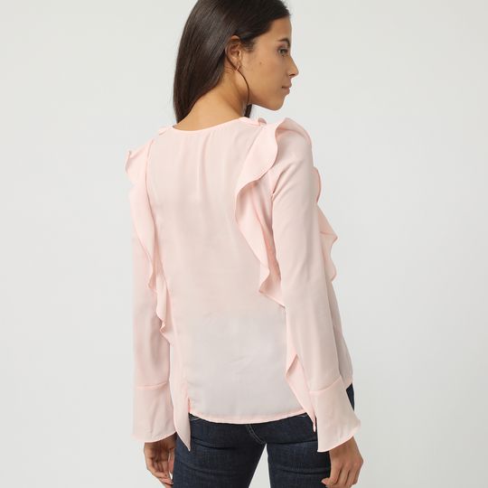Blusa mujer gasa fluida volantes escote V manga larga elegante sofisticada office look rosa talla L transpirable ligera outfit versátil combinable ✅Entrega 24/48h