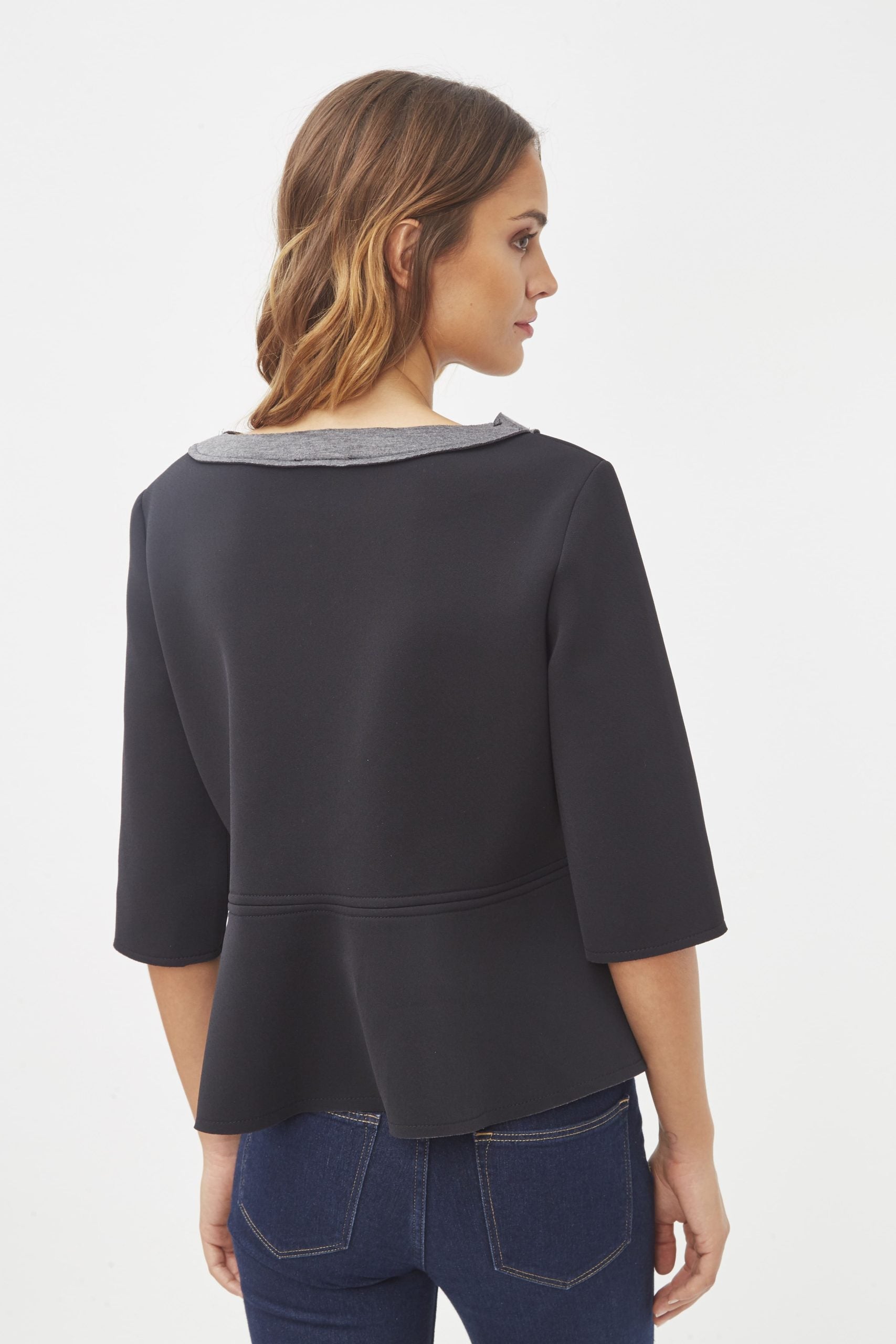 Sudadera mujer tipo jersey peplum efecto neopreno, manga 7/8, cuello redondo, corte estructurado, estilo casual elegante, color negro, talla L, tejido cómodo, tendencia moderna, versátil para oficina y diario ✅Entrega 24/48h