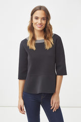 Sudadera mujer tipo jersey peplum efecto neopreno, manga 7/8, cuello redondo, corte estructurado, estilo casual elegante, color negro, talla L, tejido cómodo, tendencia moderna, versátil para oficina y diario ✅Entrega 24/48h